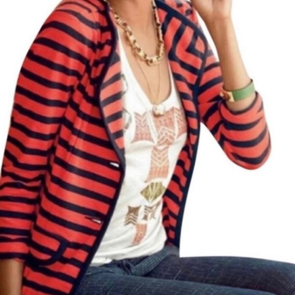 Cabi Nautical Red Navy Striped Cotton Button Up Blazer S